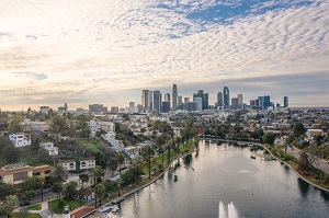 panoramic view of Silver Lake and Downtown Los Angeles on a beautiful morning, California, USA | accessory dwelling unit law